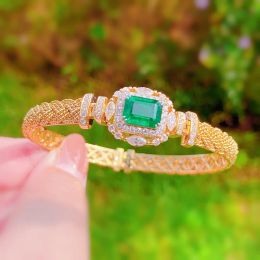 Bangles 14K Gold Color Rectangle Tourmaline Emerald Bracelet Vintage Female Charming Bangle Evening Party Banquet Fine Jewelry
