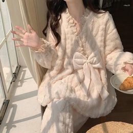 Women's Sleepwear Coral Velvet Pajama Ladies Winter Princess Lace Bow Jacquard Autumn/Winter With Fleece Thickened Flannel Pile Pijamas