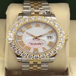 Prong Set Diamond Watches two tone silver gold 43mm white face Bigger diamond bezel Automatic Fashion Men's Watch3016