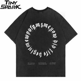 Men's T-Shirts 2023 Mens Hip Hop Wash T-shirt Street Clothing Letter Printed T-shirt Original Night Cotton Leisure Summer Short sleeved T-shirt Black Shirt J240221