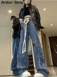 Jeans Y2k Street Jeans Women Chic Star Embroidered High Waist Drawstring Female Denim Pants 2023 Autumn Fur Hem Lady Wide Leg Trousers