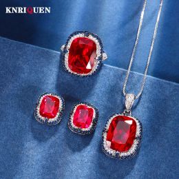 Sets Vintage 12*16mm Ruby Necklace Pendant Rings Earrings Gemstone Wedding Party Fine Jewelry Sets for Women Birthday Gift Wholesale