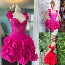 Rose Pedal Cocktail Party Dress 2k24 3D Flower Babydoll Junior Lady Winter Semi Formal Event Hoco Gala Graduation NYE Gown Floral Off-Shoulder Bright Pink Sweet 16