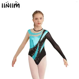 Stage Wear Kids Girls Shiny Metallic Gymnastic Leotard Long Sleeves Ballet Dance Bodysuit Rhinestones Figure Skating Jumpsuit Costume