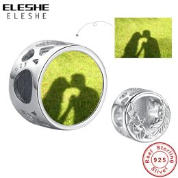 Beads ELESHE 925 Sterling Silver Hollow Feather Round Beads Custom Photo Charm Fit Original Bracelet Personalised DIY Women Jewellery