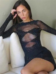 Women's T-Shirt Fantoye Sexy Mesh Transparent Long Sleeve Skinny High Stretch Hollow Out Solid Thin Female Bodysuit Club Wear New Hot T240221