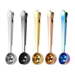 Stainless Steel Coffee Scoops Measuring With Sealing Clip Kitchen Baking Scale Milk Powder Round Spoon 5 Colors 0524