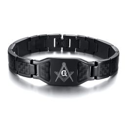 Bracelets Masonic Bracelets Freemason Custom Logo Stainless Steel Black Carbon Fiber Link Bracelet