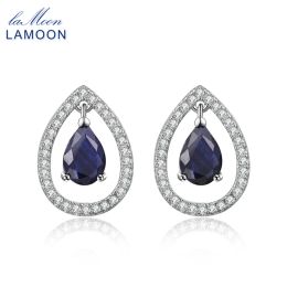 Earrings LAMOON 3X5mm Teardrop 100% Real Blue Sapphire 925 sterlingsilverjewelry Crown Stud Earring S925 LMEI054