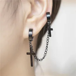 Backs Earrings For Girls Tassel Clip On Chain Cross Titanium Steel Korean Stud Women Ear Dangle Men Cuff