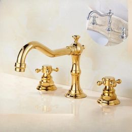 Bathroom Sink Faucets Copper Plated Gold Split Sitting Basin And Cold Faucet Three Piece Set With Holes Double Handles