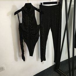 Black Women Bodysuit Leging Pants Set Sexy Diamond Shiny Leotard Body Tops Outfits Luuxry Designer Black Gym Sporty Leggings Sets