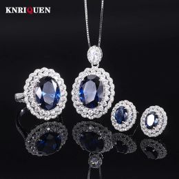 Sets Vintage 100% 925 Sterling Silver Oval Sapphire Lab Diamond Pendant Necklace Rings Earrings Gemstone Jewellery Sets Gift for Women