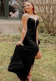 Mermaid Black Sequins Long Prom Dress Straps Spaghetti Formal Evening Party Gown lace-up Side Split Pageant Gown Sweep Train