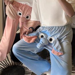 Women's Pants Women Trousers Cozy Winter Elephant Cartoon Pajama For Couples Thick Plush Warm Sleepwear With Elastic Long