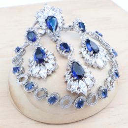 Sets Bridal 925 Silver Jewellery Sets For Women Blue Zircon Bracelets Earrings Rings Pendant Wedding Necklace