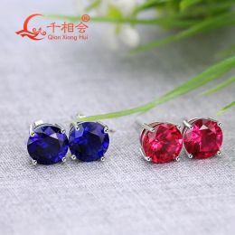 Earrings S925 silver corundum red or blue color round shape 8mm single lab created ruby sapphire stone ear stud Earing