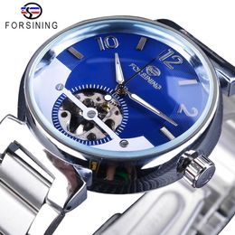 Forsining Blue Ocean Dial Retro Fashion Half Skeleton Design Mens Transparent Skeleton Top Brand Luxury Automatic Wrist Watches214J