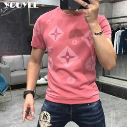 Men's T-Shirts Mens Rhinestone Pink Shirt Large 4XL New 2023 Summer Personalized Trend High Quality Short sleeved T-shirt Mens Top J240221