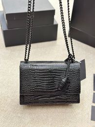 Neue 5A Designer-Tasche Damen Taschen Handtaschen Umhängetaschen Einkaufstasche Kalbsleder klassische Krokodillederketten Doppelklappe mittlere Umhängetasche Sunset Chain-Taschen