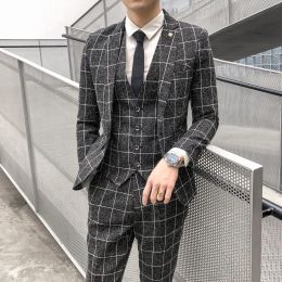 Suits ( Jacket + Vest + Pants ) Men's Fashion Boutique Plaid Formal Business Suit Slim Plaid Wedding Mens Suit Beige Grey Black Blue