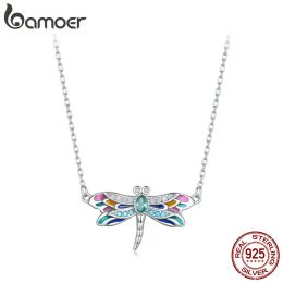 Necklaces Bamoer 925 Sterling Silver Colourful Enamel Dragonfly Pendant Necklace Dainty Insect Neck Chain for Women Valentine's Day Gift