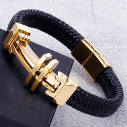 Bracelets Braided Genuine Leather Man Bracelet Stainless Steel Cuff Wrap Bracelet for Men With Magnetic Closure Cross Jewellery Engraveable