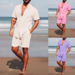 Mens Hawaii Set Beach Set 2023 Summer Short sleeved Standing Neck Shirt Board Shorts 2 pieces Street Clothing Cotton Linen Mens Set Casual 240221