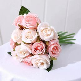 Decorative Flowers 12 Heads Of Beautiful Roses Rayon Small White Bouquets House Party Wedding Decoration Fake