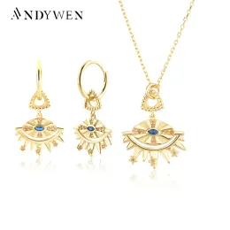 Sets ANDYWEN 925 Sterling Silver Gold Eye Zircon CZ Drop Pendant Drop Earring Long Chain Pendant Necklace 2021 Women Jewelry Set