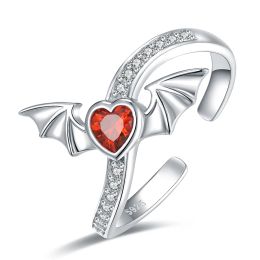 Rings 925 Sterling Silver Red Heart Vampire Bat Halloween Christmas Jewellery Rings Adjustable Demon Wing Ring Gifts for Women Teen Girl