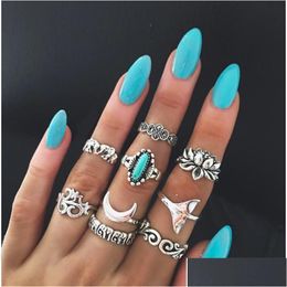 Cluster Rings Newest 9Pieces/Set Joint Ring For Women Wide Index Finger Bohemian Rings Retro Totem Carved Geometric With Elephant Dro Dhu4B