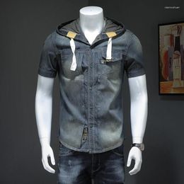 Men's Casual Shirts Summer Short Sleeve Denim Men Fashion Cotton Button Up Hoodie Tee Tops