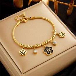 Link Bracelets Trend Stainless Steel Flower Zircon Charm Bracelet For Women Vintage Gold Colour Wrist Chain Jewellery Birthday Party Gifts