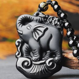 Pendants Natural Obsidian Elephant Pendant Fashion Boutique Jewelry Men's and Women's Hand Carved Auspicious Ruyi Necklace Accessories