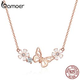 Necklaces BAMOER 925 Sterling Silver Butterfly and Flower Necklace Enamel Floral Short Choker Necklace Silver Korean Style Jewelry BSN053