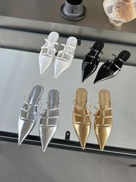 Slippers Fashion Women Slides Pointed Toe Summer Outside Mules Shoes Thin Mid Heels Black White Silver Gold Sandals Office Pumps