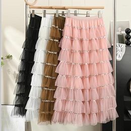 Skirts SURMIITRO Women Maxi Tiered Tutu Tulle Skirt Ankle Length Fashionable Sequin A Line High Waist Long Mesh Female Pink