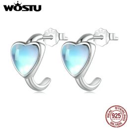Earrings WOSTU 925 Sterling Silve Heartshaped Moonstone Earrings With Blue Glass Ear Stud for Women Fine Jewelry Luxury Party Daily Gift