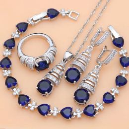 Sets Silver 925 Jewellery Sets Blue Natural Sapphire White Topaz Costume Jewellery Kits Indian Jewellery for Women Necklace Set