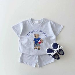 Clothing Sets 2023 Korea Baby Boy Clothing Set Toddler Kids Summer Clothes Cartoon Bear T-shirt+Shorts Two Piece Suit Newborn Boy Girl OutfitsL2402