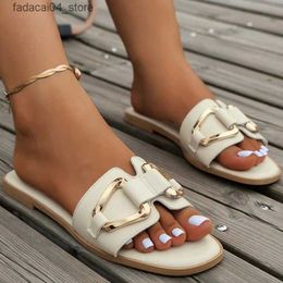 Slippers Women Metal Decor Single Band Flat Sandals Fashion Sexy Open Toe Outdoors Slides Luxurious Office Ladies Party Female Shoes Q240221