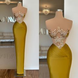 Dark yellow Mermaid evening dresses elegant beads strapless Prom Dress beading Long dresses for special occasions cutaway sides evening gowns