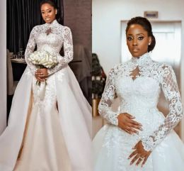 Plus Size Arabic Aso Ebi Dresses with Detachable Train Lace Applique High Neck Muslim Royal Mermaid Wedding Bridal Gowns