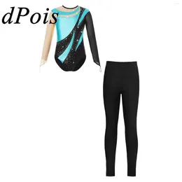 Stage Wear Kids Girls Gymnastics Jumpsuit With Leggings Long Sleeve Ballet Dance Leotards Dancewear Sets Childs Rhinestone Skating Bodysuit