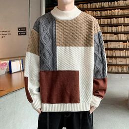 Men's Sweaters Autumn Winter Men Warm Top Sweater Casual Patchwork Colour Matching Pullover Round Neck Male Fashion Knitted Clothing