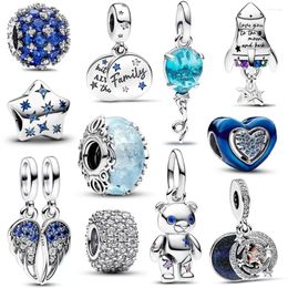 Loose Gemstones Authentic 925 Sterling Silver Blue Crystal Enamel Heart Charm Fit Bracelet Friend Surprise Birthday Jewelry Beads