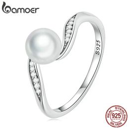 Rings Bamoer 925 Sterling Silver Quality Shell Pearl Ring Geometric Ring Pave Setting CZ for Women Birthday Gift Fine Jewellery BSR304