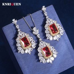 Sets Luxury 8*12mm Ruby Gemstone Pendant Necklace Drop Earrings for Women Lab Diamond Wedding Party Fine Jewelry Set Gift Accessories