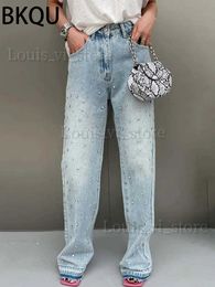 Jeans femminile bkquy jeans larghi dritti donne in alto girovadello di strass largo pantaloni lunghi 2023 diamanti streetwear di moda diamanti shinny t240221